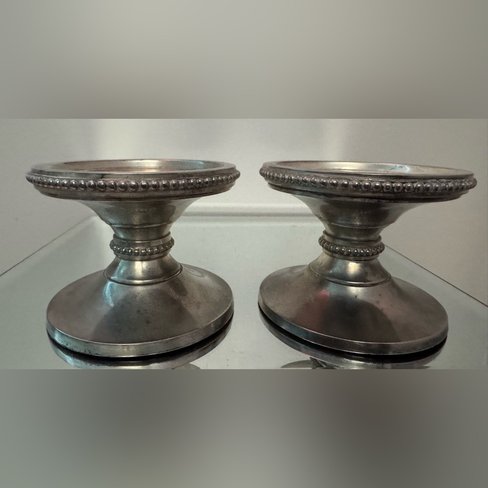 Set of 2 Pottery Barn Rustic Chic Silver Pillar Candle Holders 3 1/4 Tall Home